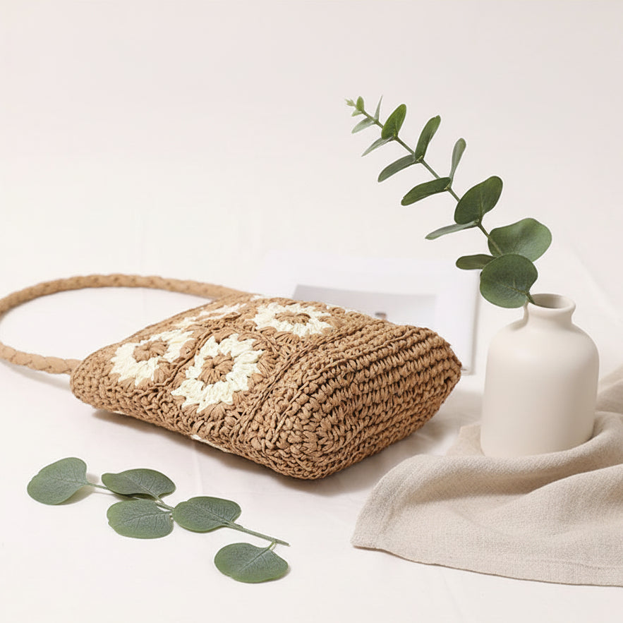 Floral Shoulder Straw Bag Hand Woven Bag Vacation Beach Bag Women Bag