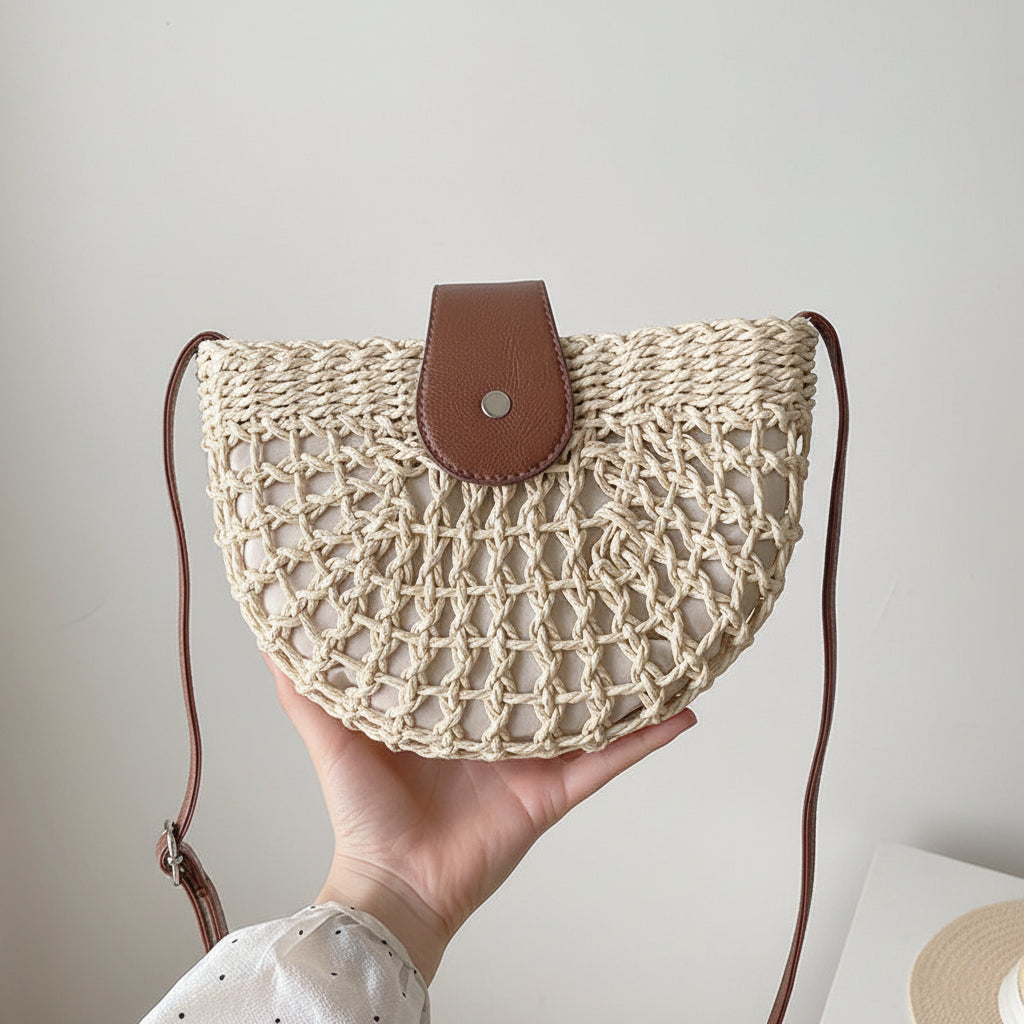 Hollow Out Cutout Semicircle Straw Bag Shoulder Crossbody Casual Straw Bag