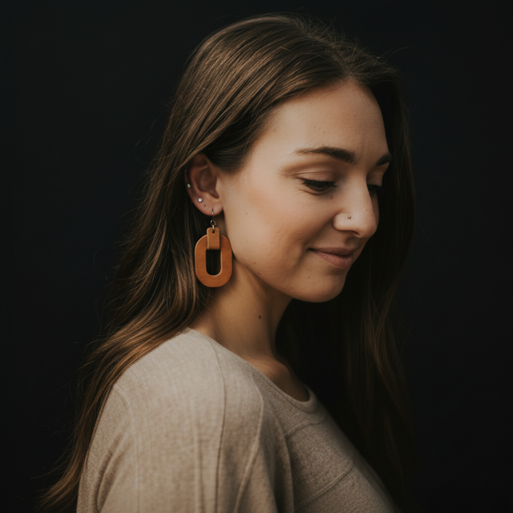 Woman wearing orange earrings against a dark background Hadi Craft USA