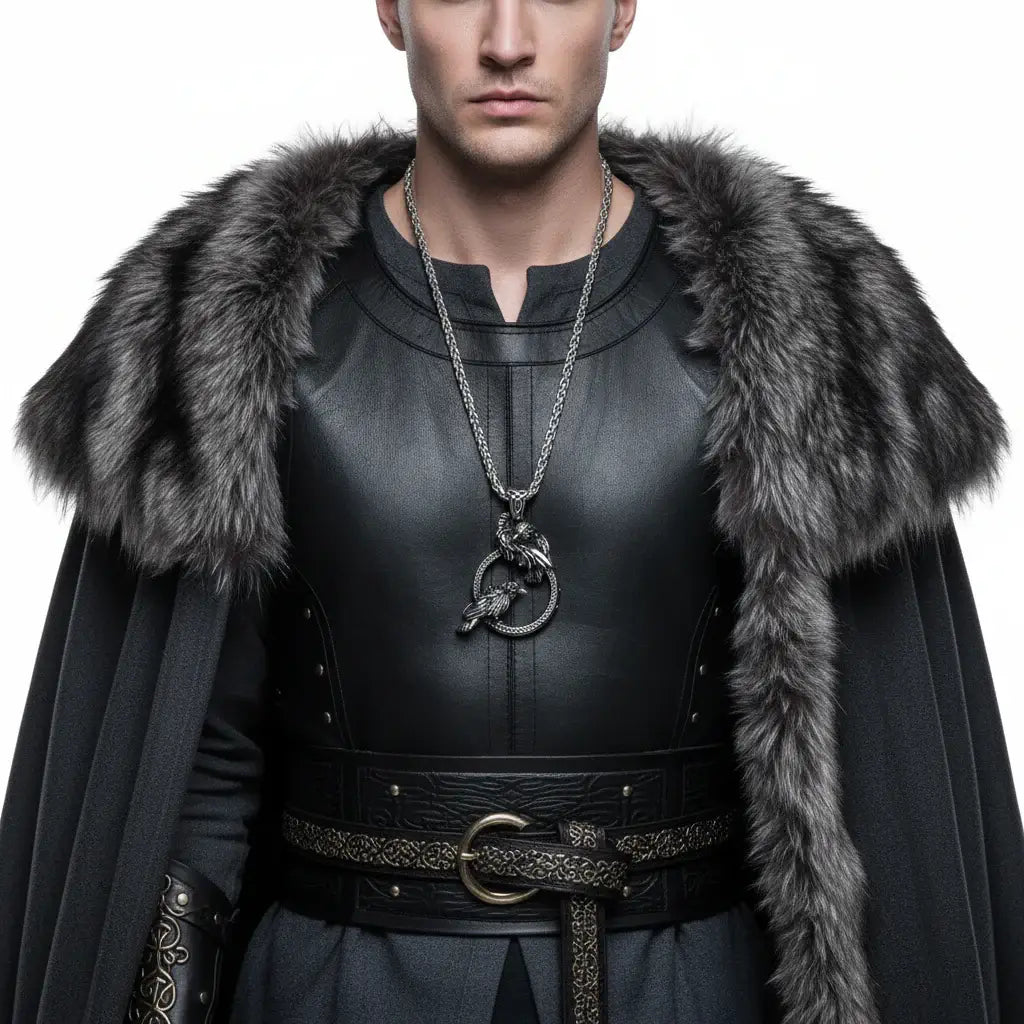 Odin raven pendant necklace worn by a man in a dark cloak with a fur collar, showcasing Viking-inspired style.