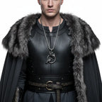 Odin raven pendant necklace worn by a man in a dark cloak with a fur collar, showcasing Viking-inspired style.