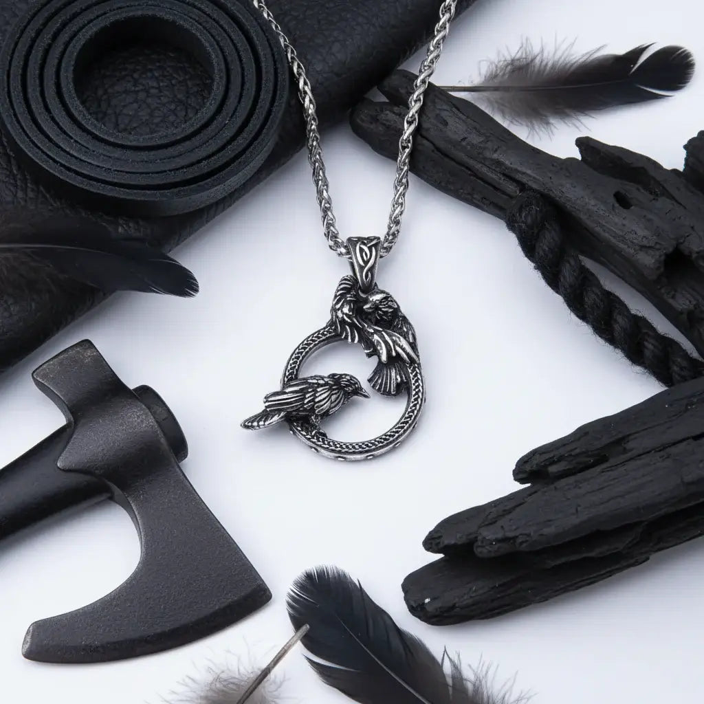Odin raven pendant necklace featuring Huginn and Muninn, crafted in stainless steel, with Viking-inspired design.