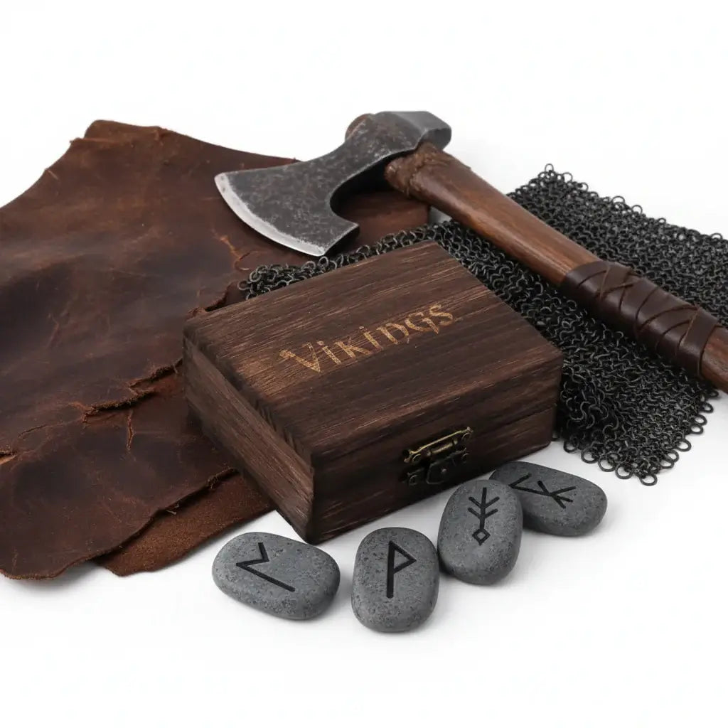 Viking-themed items including a wooden box, axe, leather, chainmail, and rune stones for Norse mythology enthusiasts.