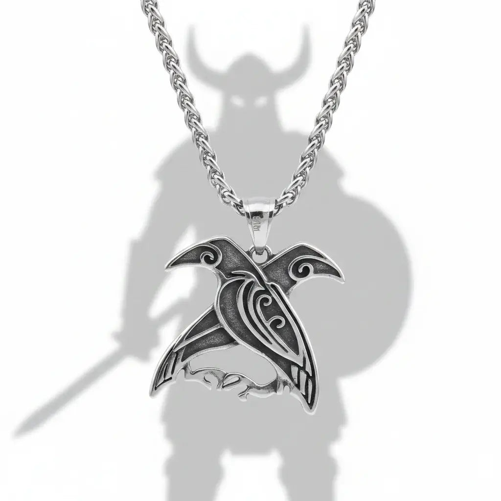 Odin Huginn & Muninn Raven Stainless Steel Viking Necklace for Men – Norse Mythology Pendant with Wooden Box - Hadi Craft