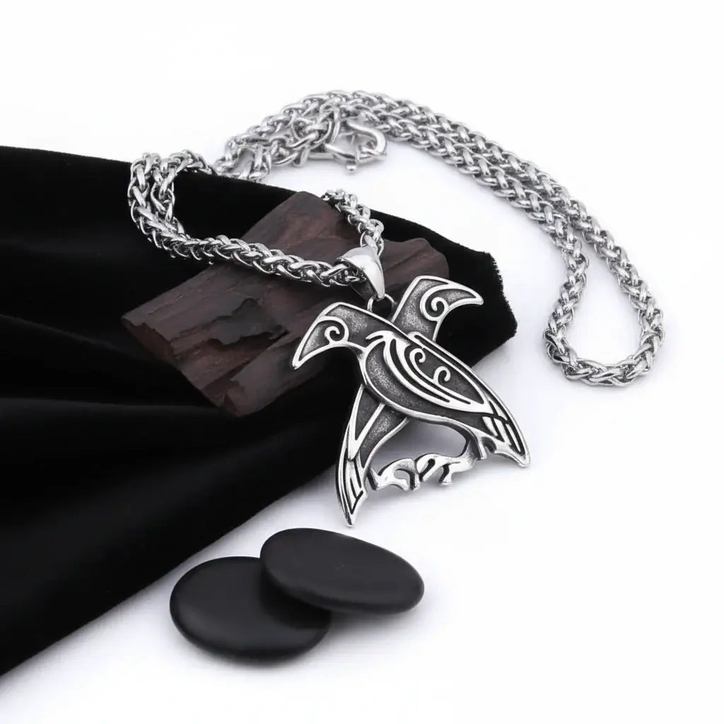 Odin Huginn & Muninn Raven Stainless Steel Viking Necklace for Men – Norse Mythology Pendant with Wooden Box - Hadi Craft