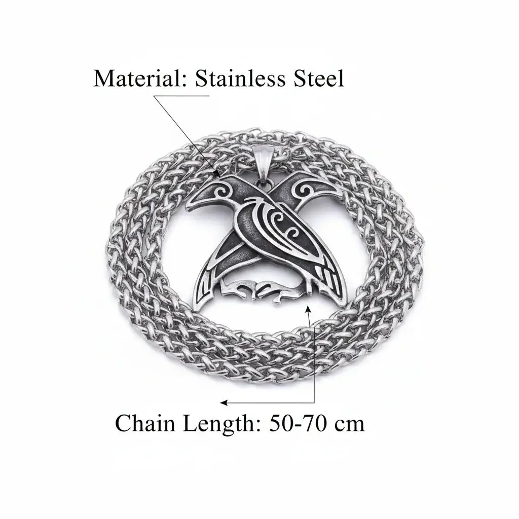 Odin Huginn & Muninn Raven Stainless Steel Viking Necklace for Men – Norse Mythology Pendant with Wooden Box - Hadi Craft
