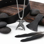 Odin Huginn & Muninn Raven Stainless Steel Viking Necklace for Men – Norse Mythology Pendant with Wooden Box - Hadi Craft