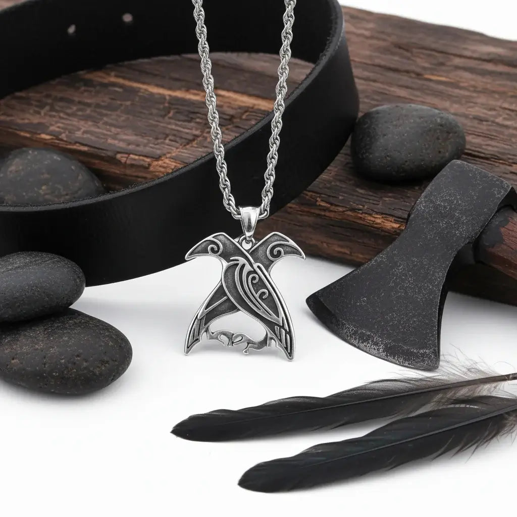 Odin Huginn & Muninn Raven Stainless Steel Viking Necklace for Men – Norse Mythology Pendant with Wooden Box - Hadi Craft