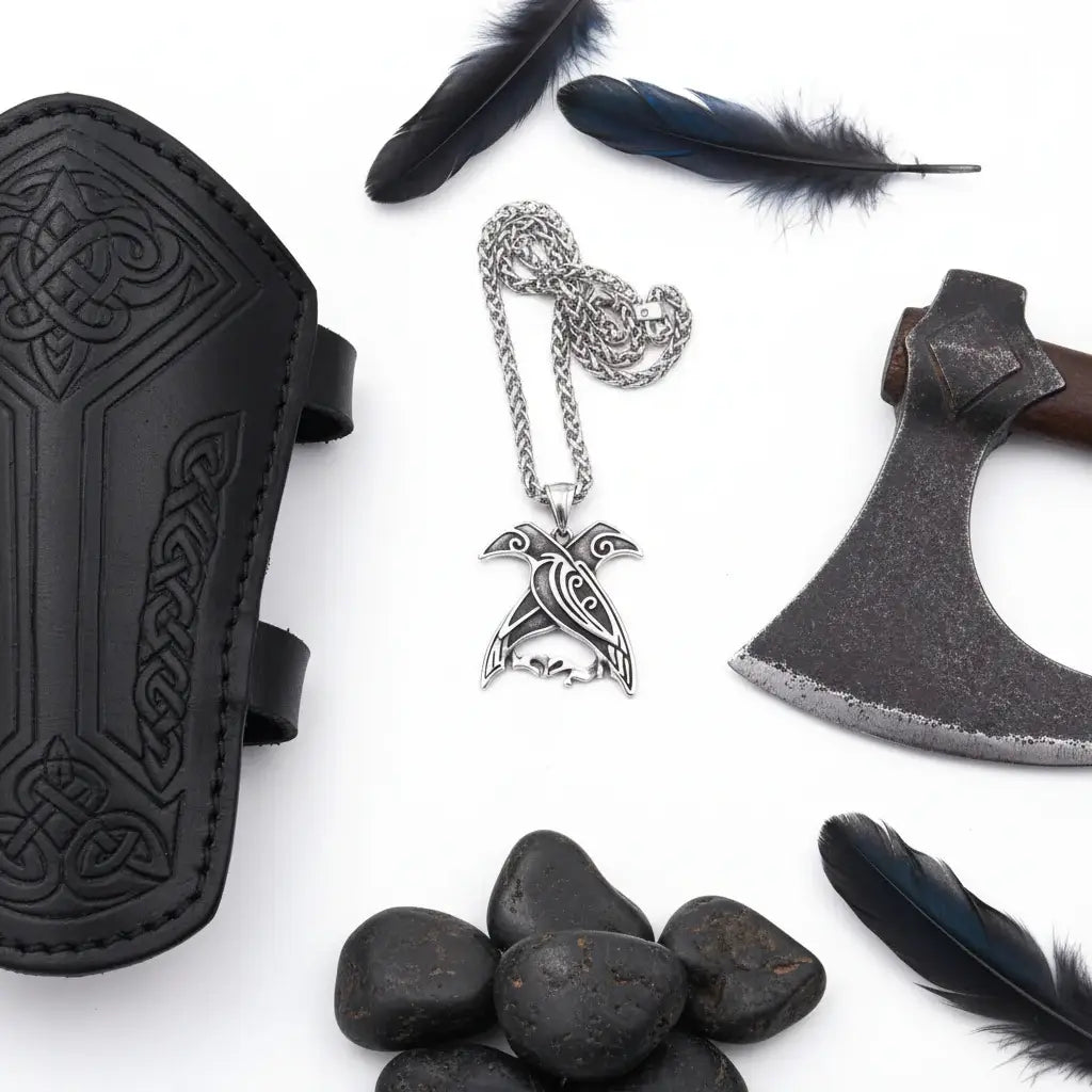 Odin Huginn & Muninn Raven Stainless Steel Viking Necklace for Men – Norse Mythology Pendant with Wooden Box - Hadi Craft