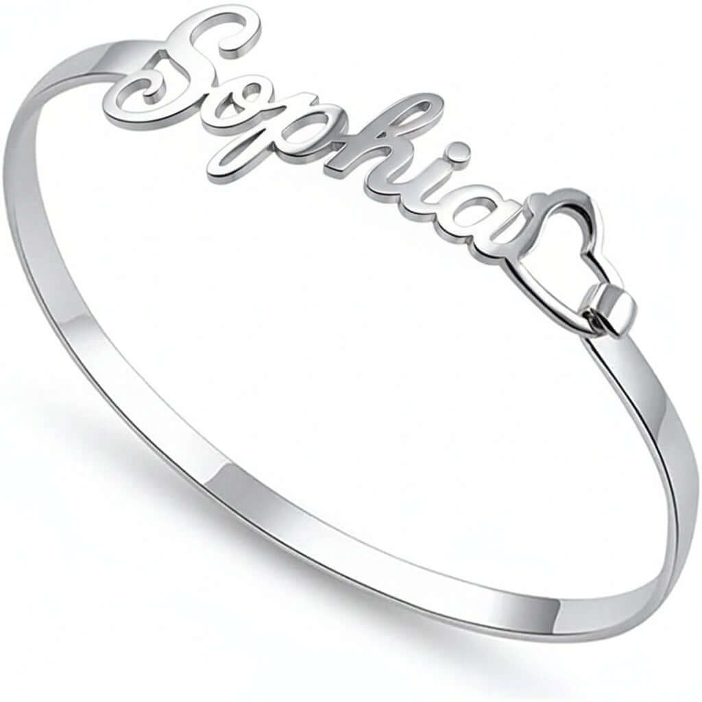Personalized Name Bracelet – Custom Heart-Shaped Silver Bangle | Hadi Craft USA