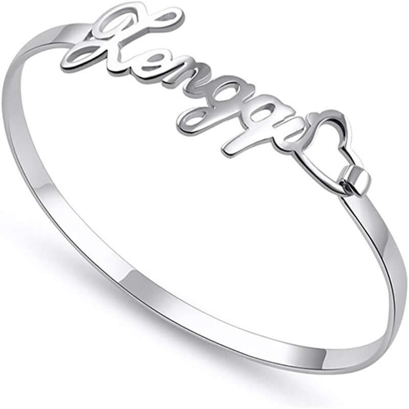Personalized Name Bracelet – Custom Heart-Shaped Silver Bangle | Hadi Craft USA
