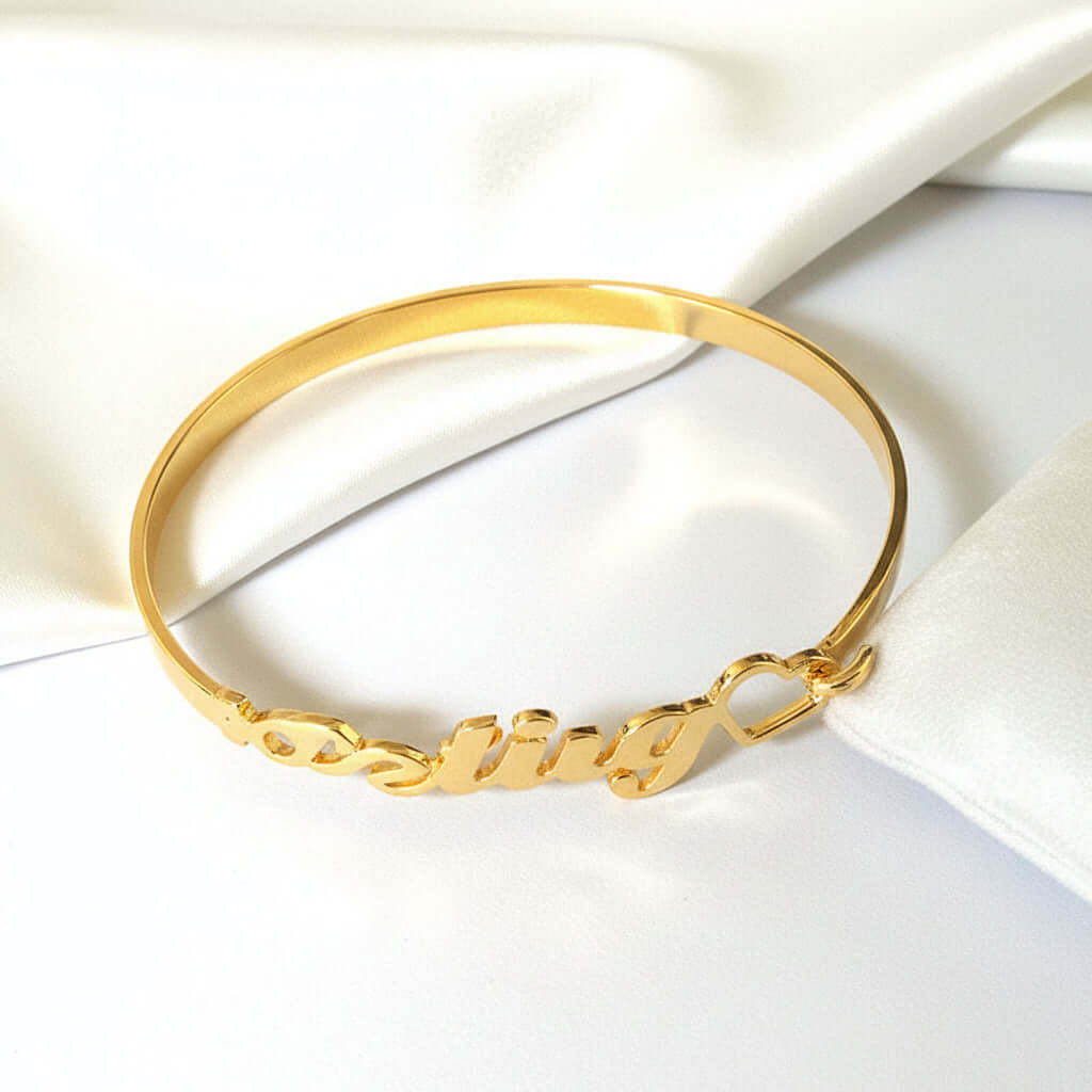 Personalized Name Bracelet – Custom Heart-Shaped Silver Bangle - Hadi Craft