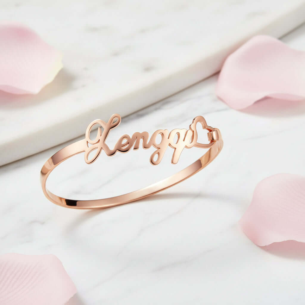 Personalized Name Bracelet – Custom Heart-Shaped Silver Bangle - Hadi Craft
