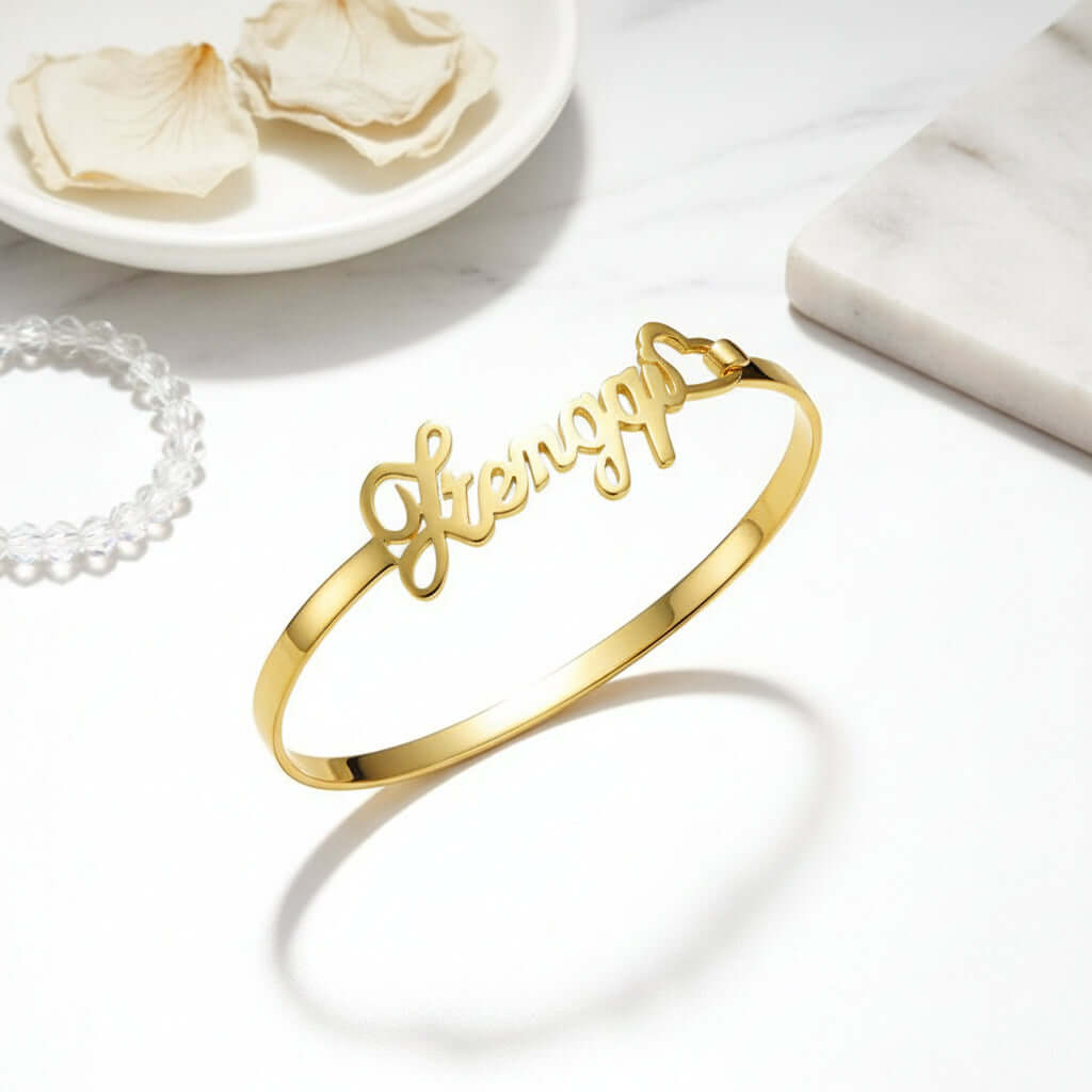 Personalized Name Bracelet – Custom Heart-Shaped Silver Bangle - Hadi Craft