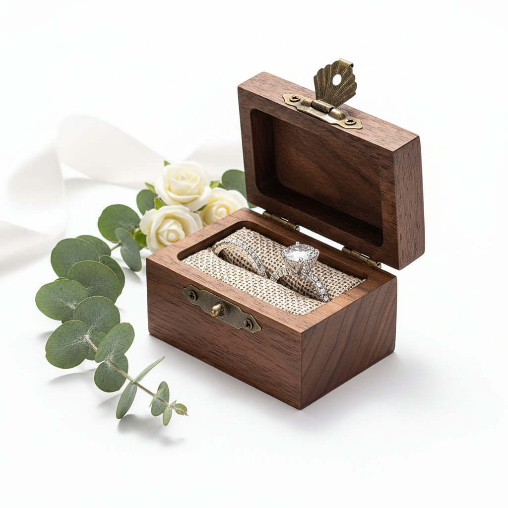 Personalized Vintage Ring Box – Engraved Wood Name & Date Jewelry Box - Hadi Craft