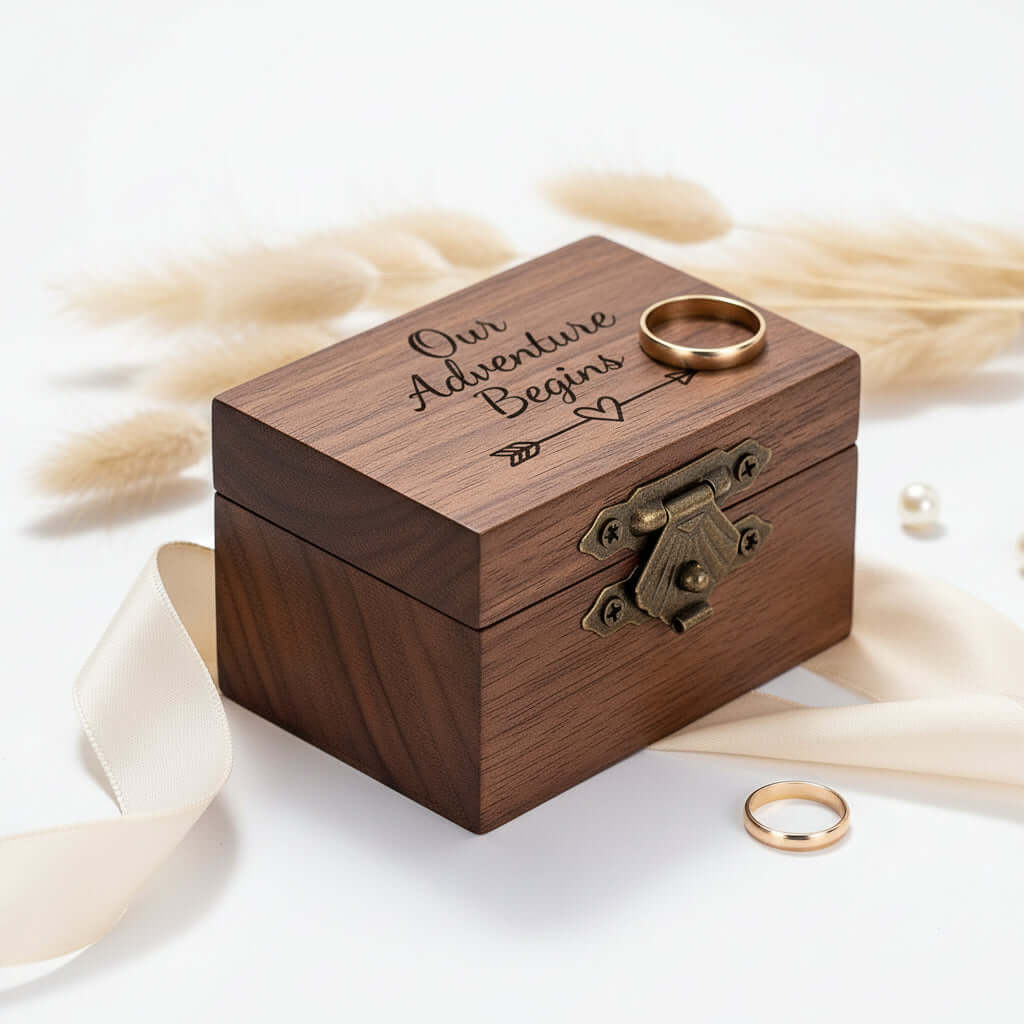 Personalized Vintage Ring Box – Engraved Wood Name & Date Jewelry Box - Hadi Craft