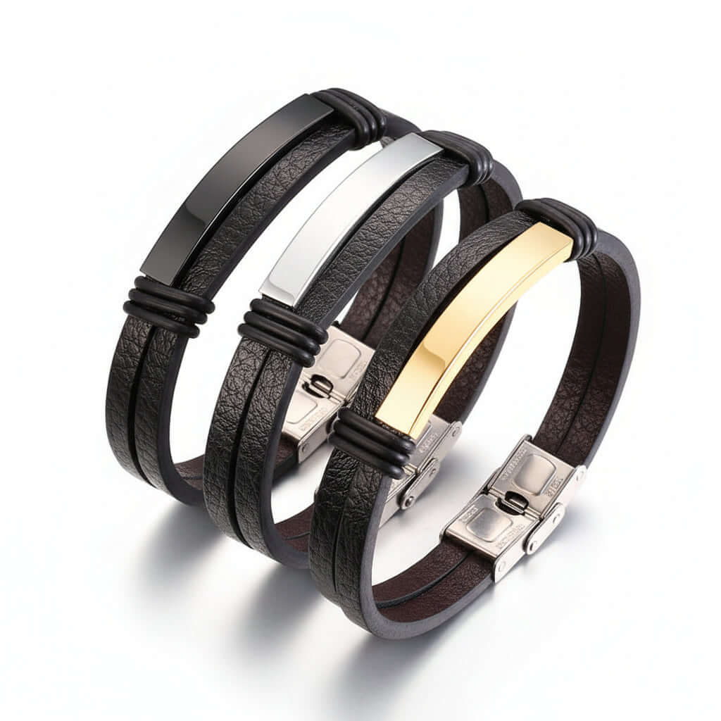 Personalized leather bracelet for men – Stainless Steel Wristband - Hadi Craft