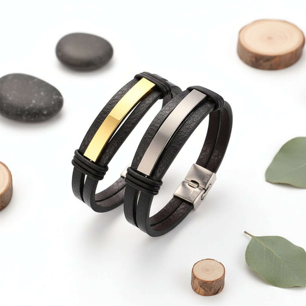 Personalized leather bracelet for men – Stainless Steel Wristband - Hadi Craft