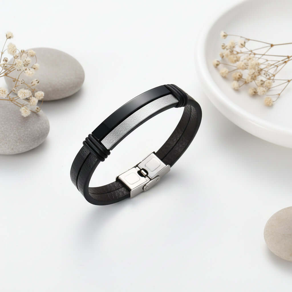 Personalized leather bracelet for men – Stainless Steel Wristband - Hadi Craft