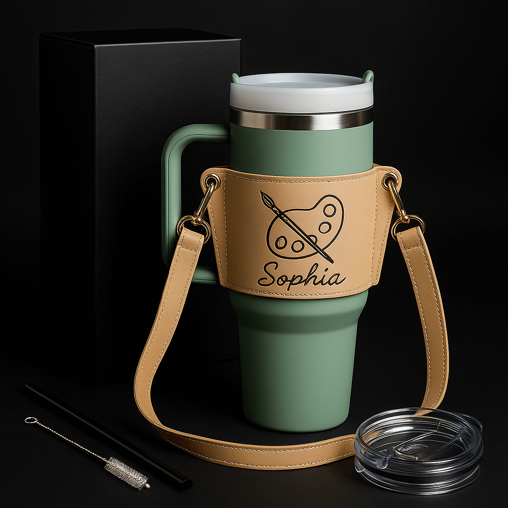Personalized leather tumbler carrier 40oz Stanley Tumbler - Hadi Craft