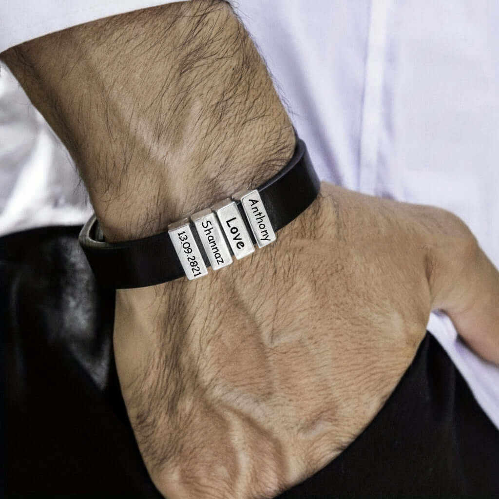 Personalized men's family name bracelet –Leather Bracelet - Hadi Craft