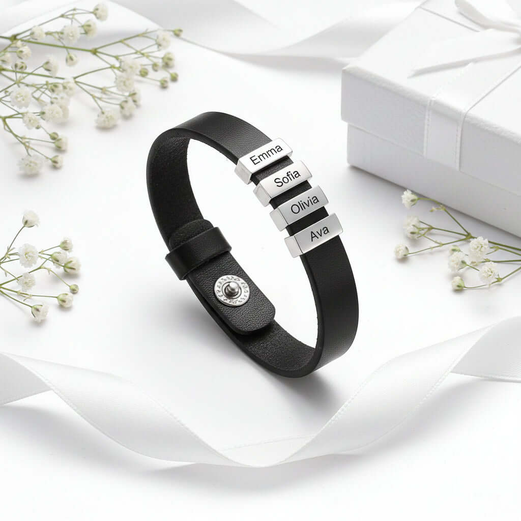 Personalized men's family name bracelet –Leather Bracelet - Hadi Craft