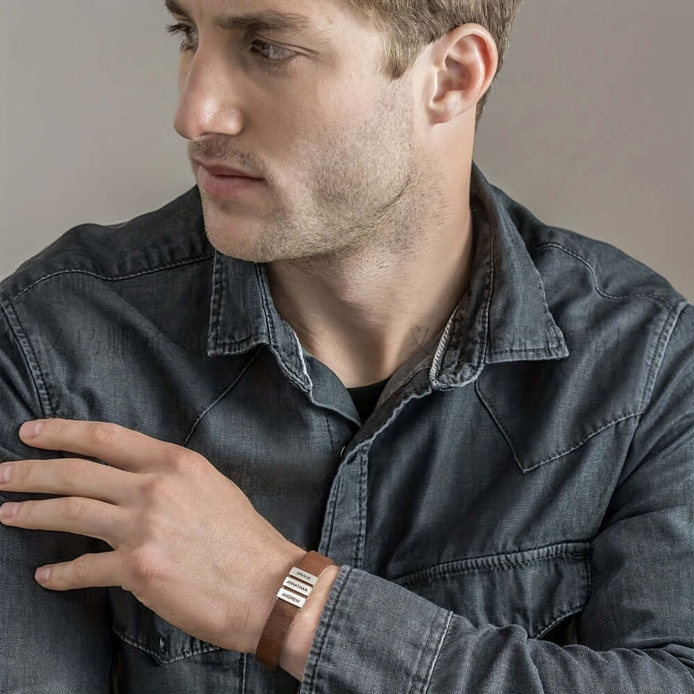 Personalized men's family name bracelet –Leather Bracelet - Hadi Craft