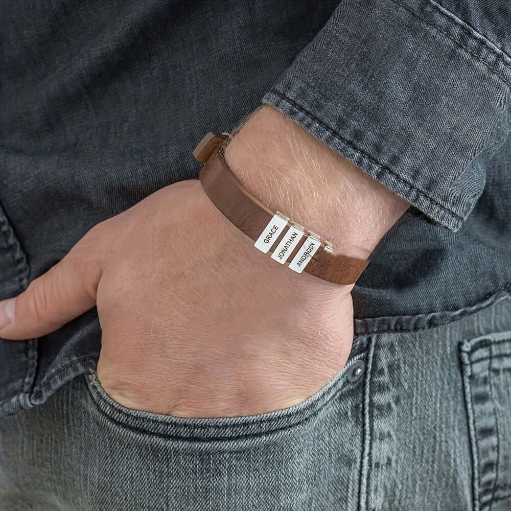 Personalized men's family name bracelet –Leather Bracelet - Hadi Craft