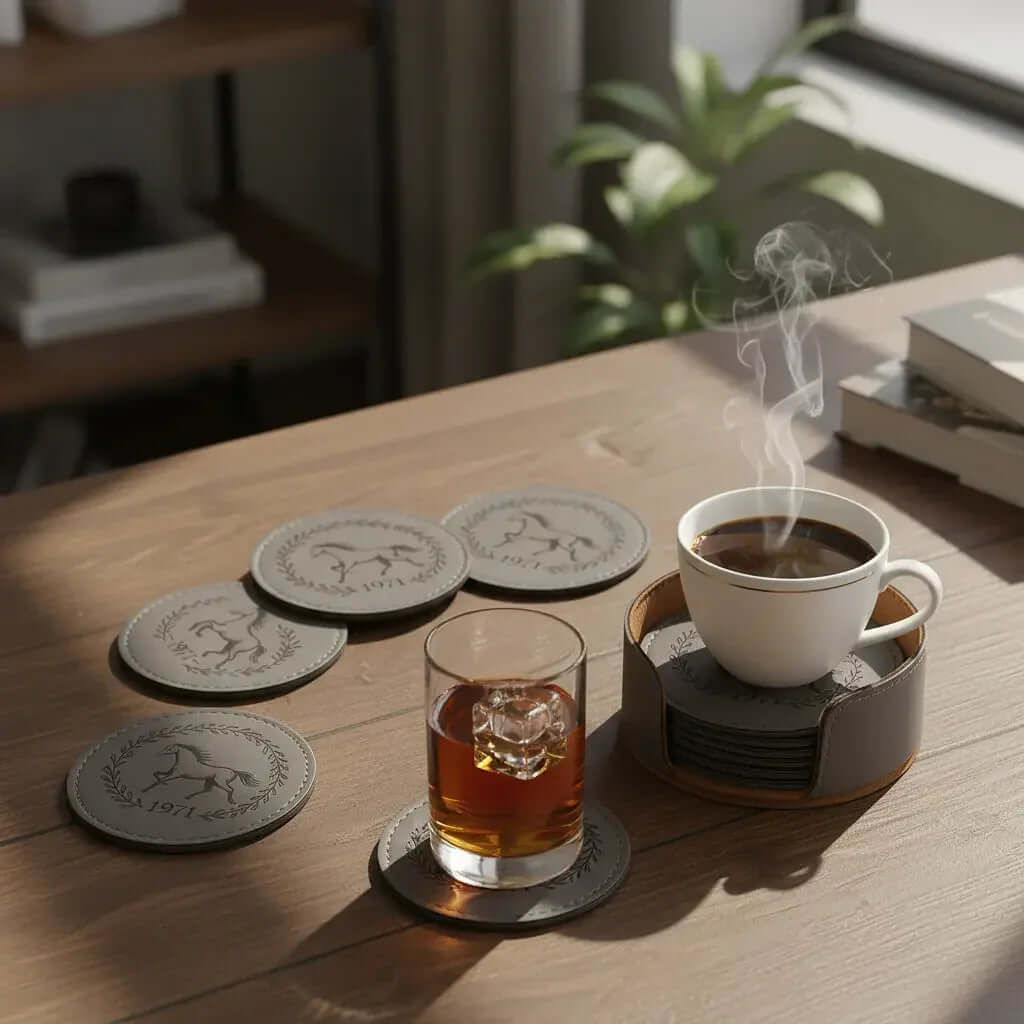 Premium 6-Piece Engraved Leather grey Coaster Set - Hadi Craft