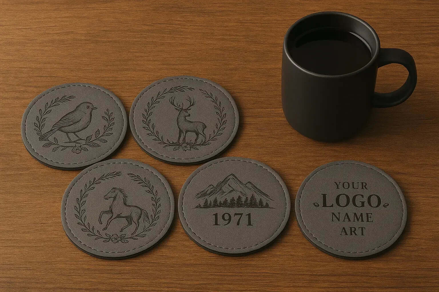 Premium 6-Piece Engraved Leather grey Coaster Set - Hadi Craft