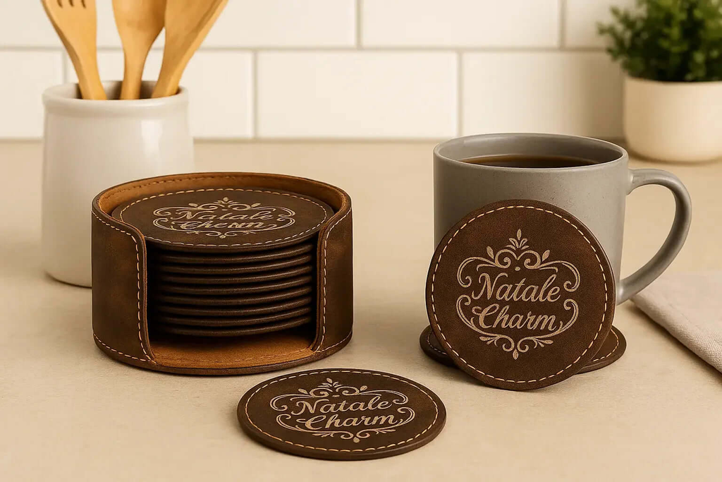 Premium Leather 6-Piece Engraved Leather Coaster Set - Hadi Craft