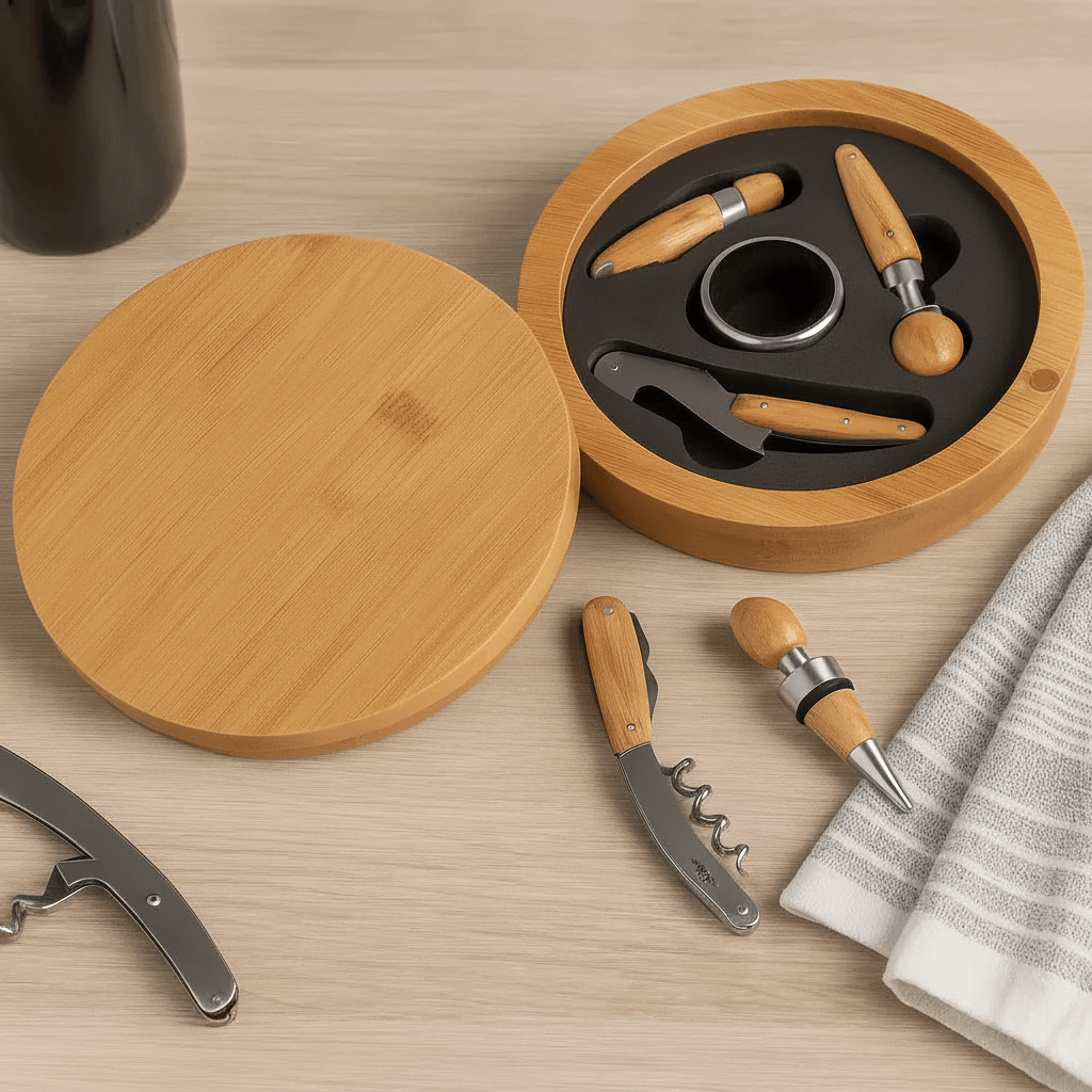 Round Bamboo 4 Piece Wine Tool Set - Hadi Craft