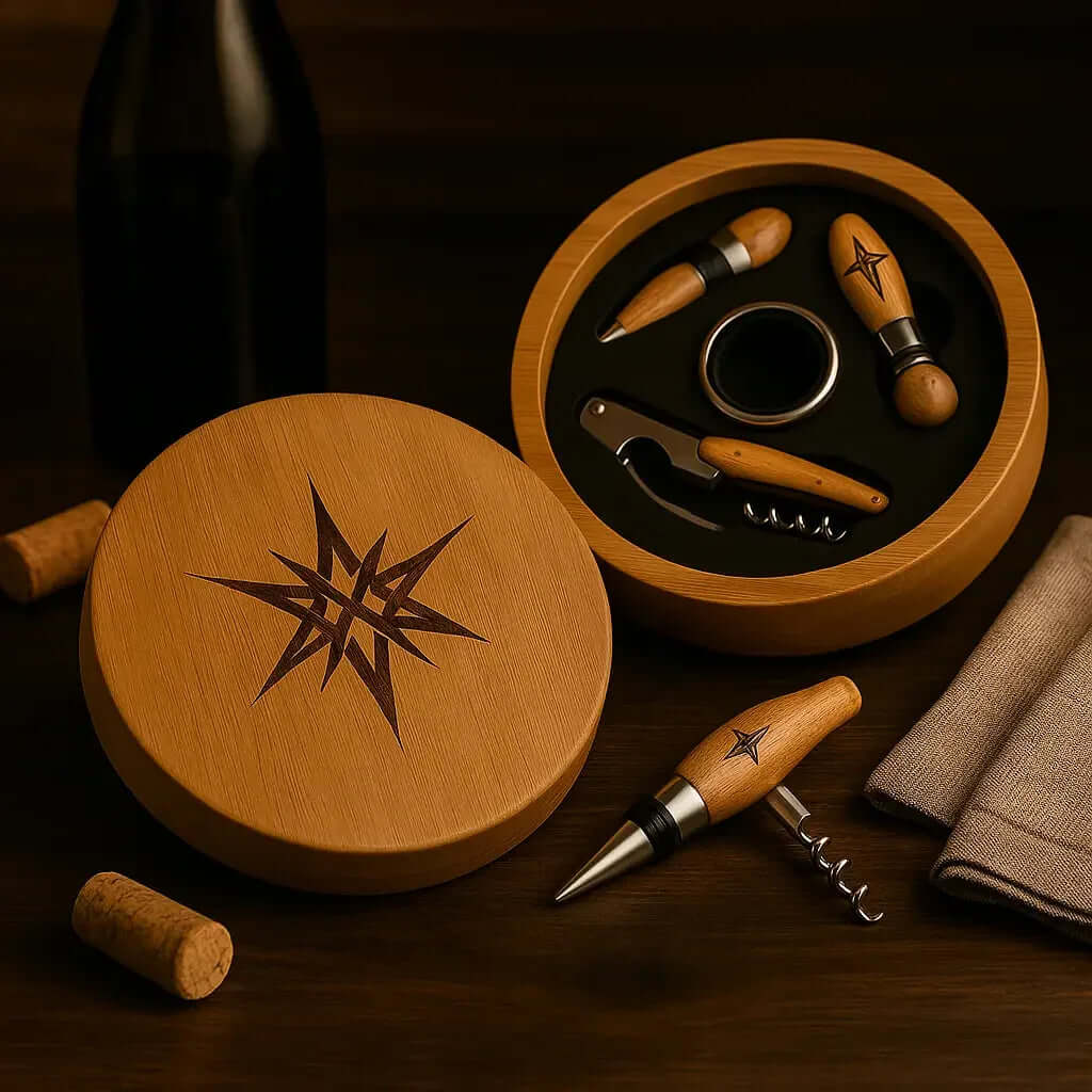 Round Bamboo 4 Piece Wine Tool Set - Hadi Craft