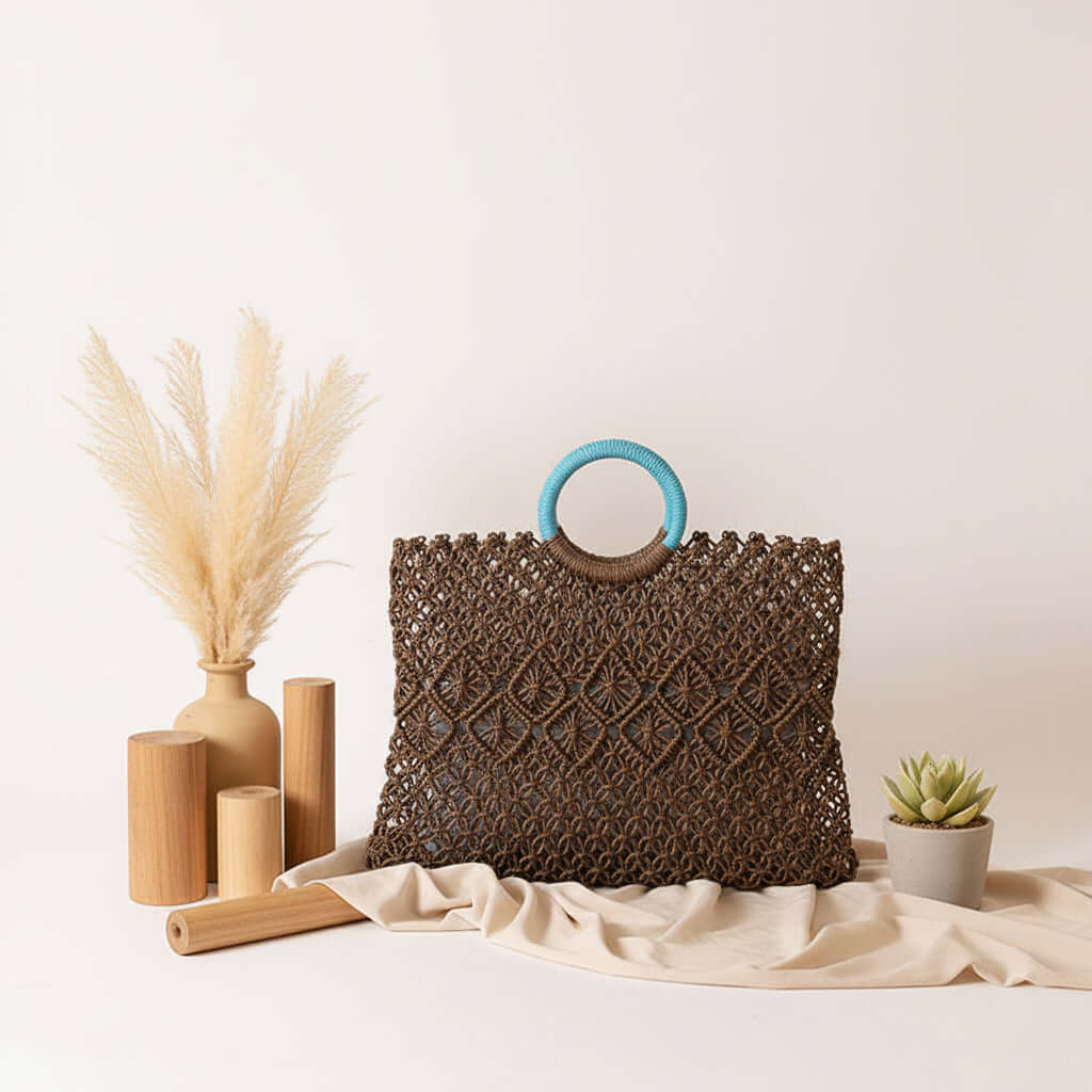Round Handle Portable Square Straw Bag Summer Hollow Out Cutout Pattern Straw Bag - Hadi Craft
