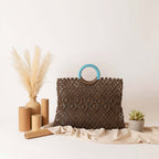 Round Handle Portable Square Straw Bag Summer Hollow Out Cutout Pattern Straw Bag - Hadi Craft
