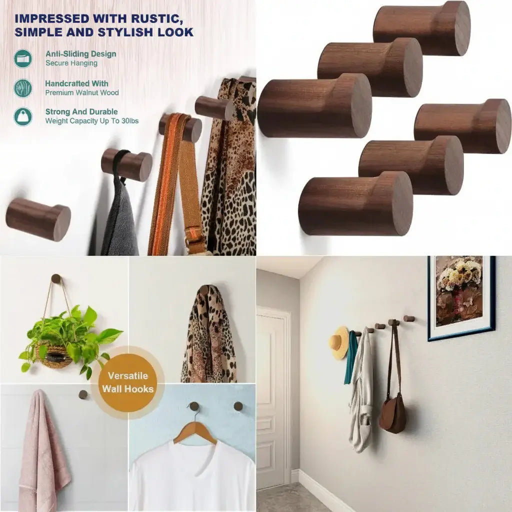 Rustic wood wall hooks 6 Pack Natural Wooden Coat Hooks Wall Mounted - Hadi Craft