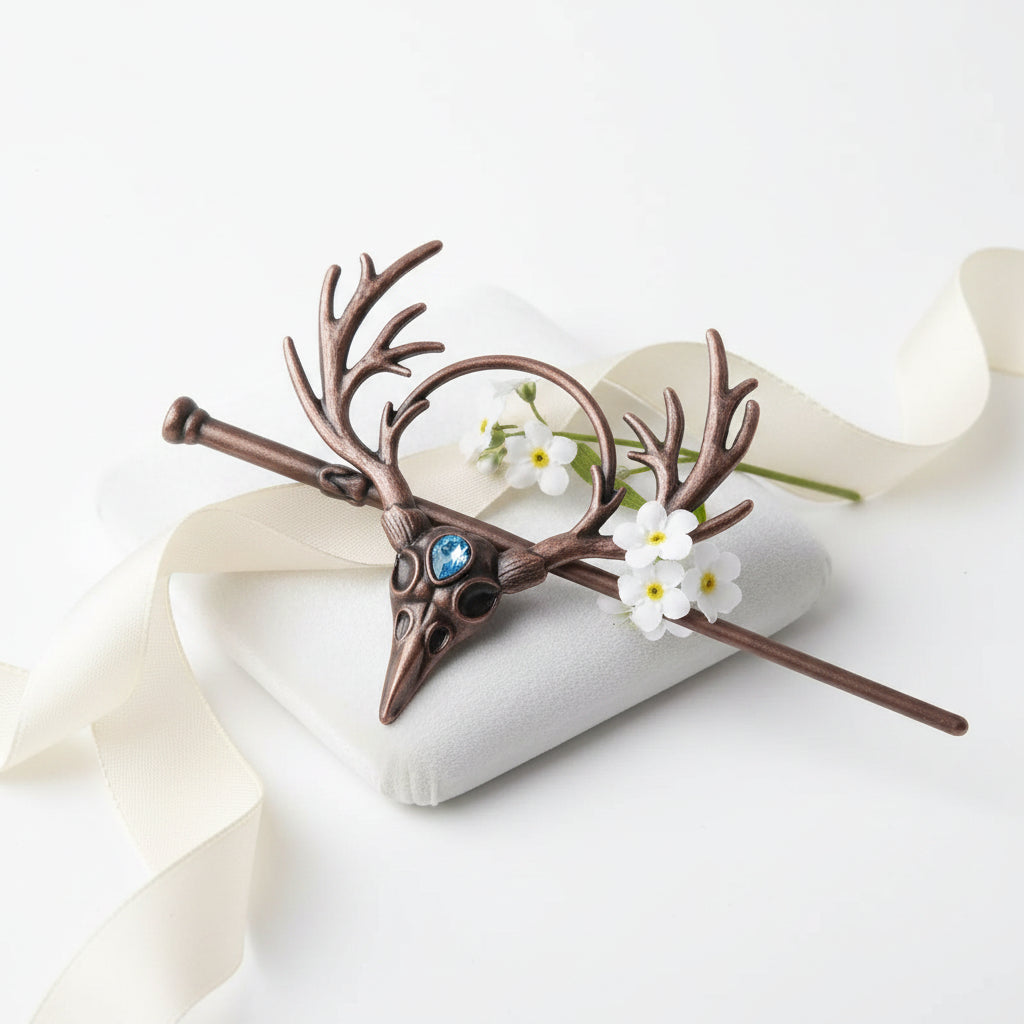 Viking hair pin Celtic knot design with antlers and blue gem