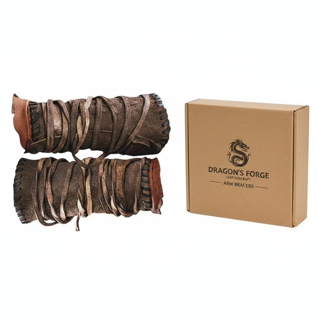 Medieval leather arm guards featuring adjustable ties and vintage design.