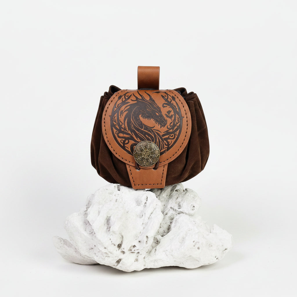 Medieval Viking belt pouch featuring a dragon design and drawstring closure, perfect for Renaissance fairs and cosplay.
