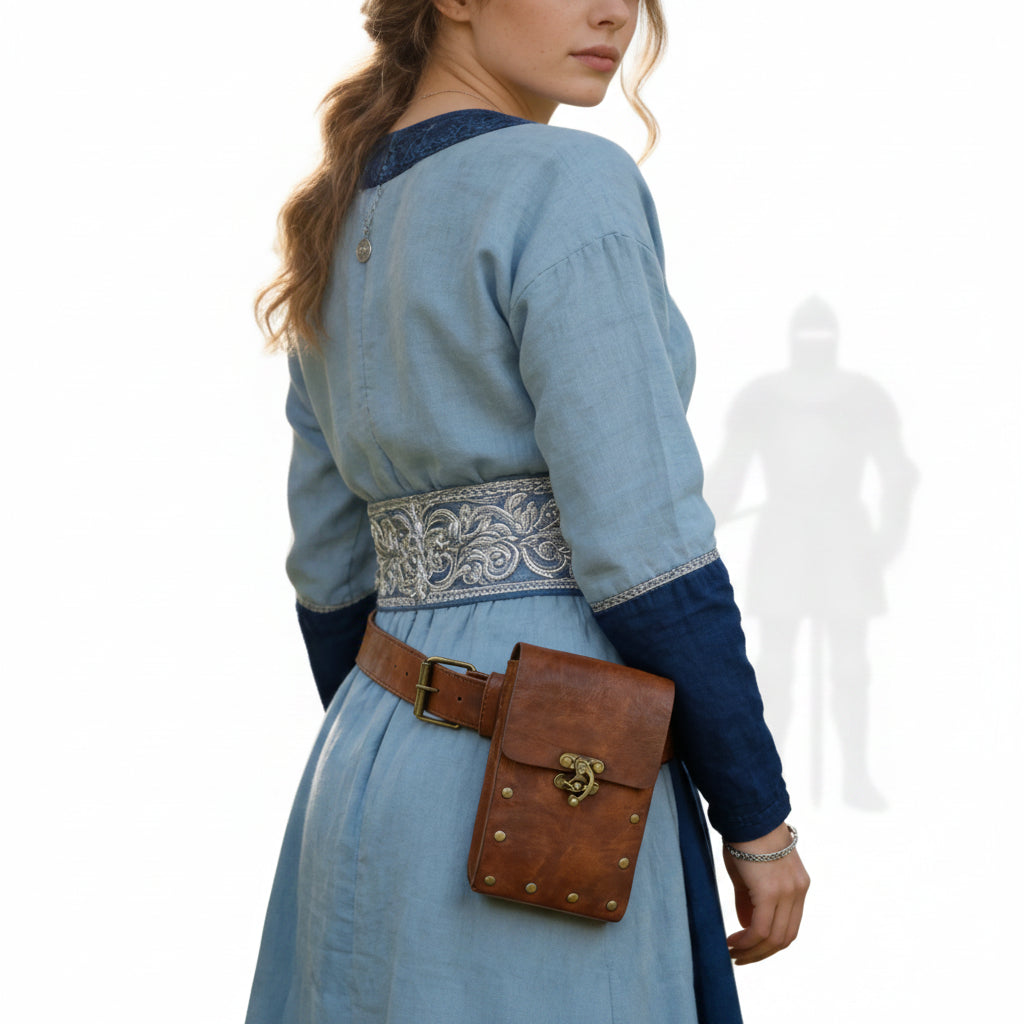 Viking cosplay waist bag worn by a woman in a medieval dress