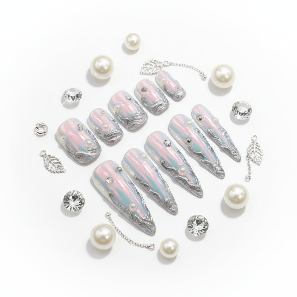 Silver Aurora Long Stiletto Fake Nails Metal Edge Design Punk Style Handmade