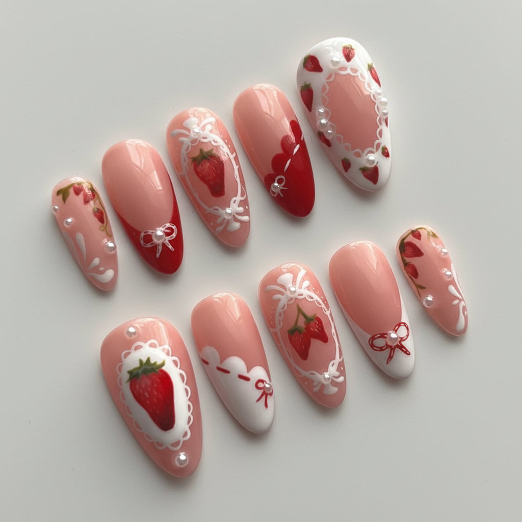 Wine Red Almond Press-On Nails with Rabbit & Bow Design 24 Pieces
