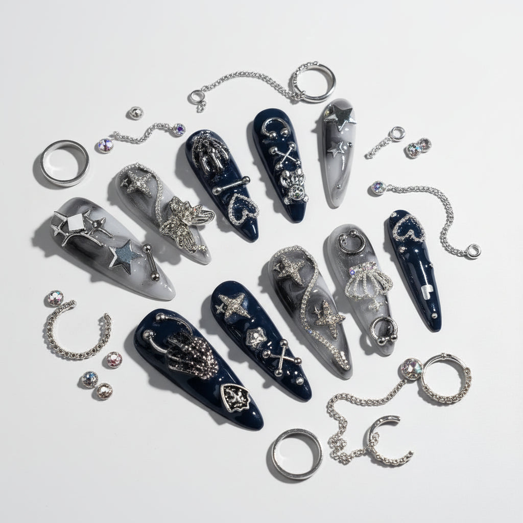 Girls Handmade Press On Nails Black White Rendering Long Tip Nail Art