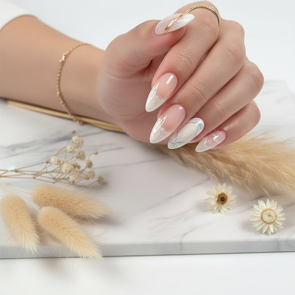 White French Almond Press-On Nails with 3D Bowknot Design – 24PCS