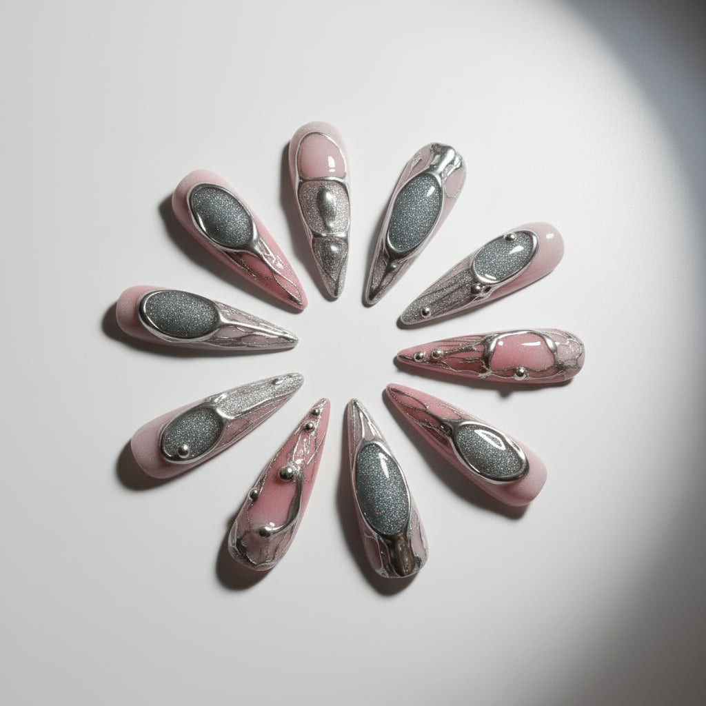 Spice Girl Metallic Silver Stripes Handmade Fake Nails 10 Pieces set