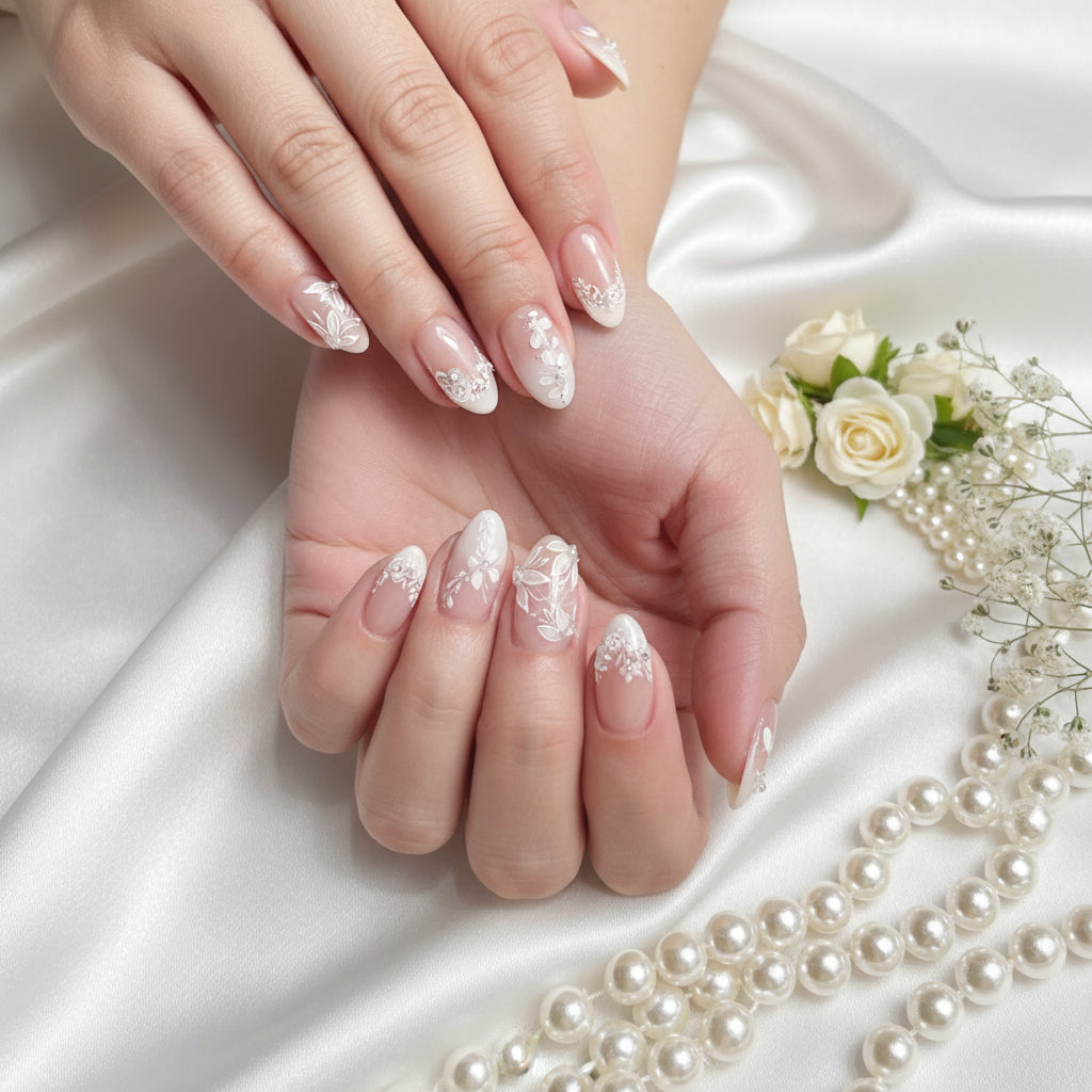 Handmade Almond Press-On Nails with Butterfly, Pearl & Diamond – 24PCS