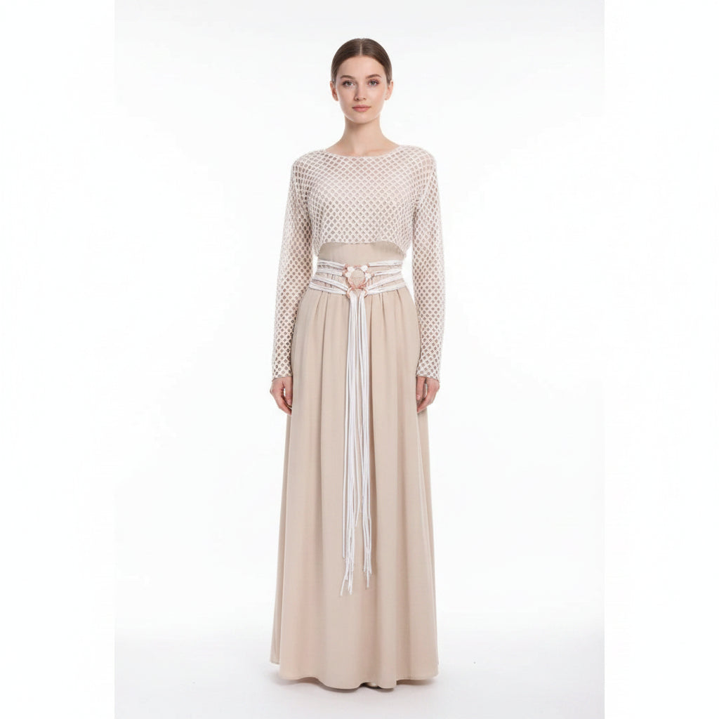 Viking rope belt costume worn by a model with long dress.