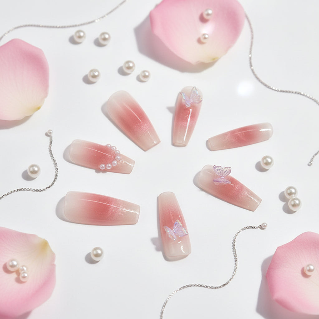 Pink Butterfly Cat-Eye Handmade Press-On Nails for Weddings