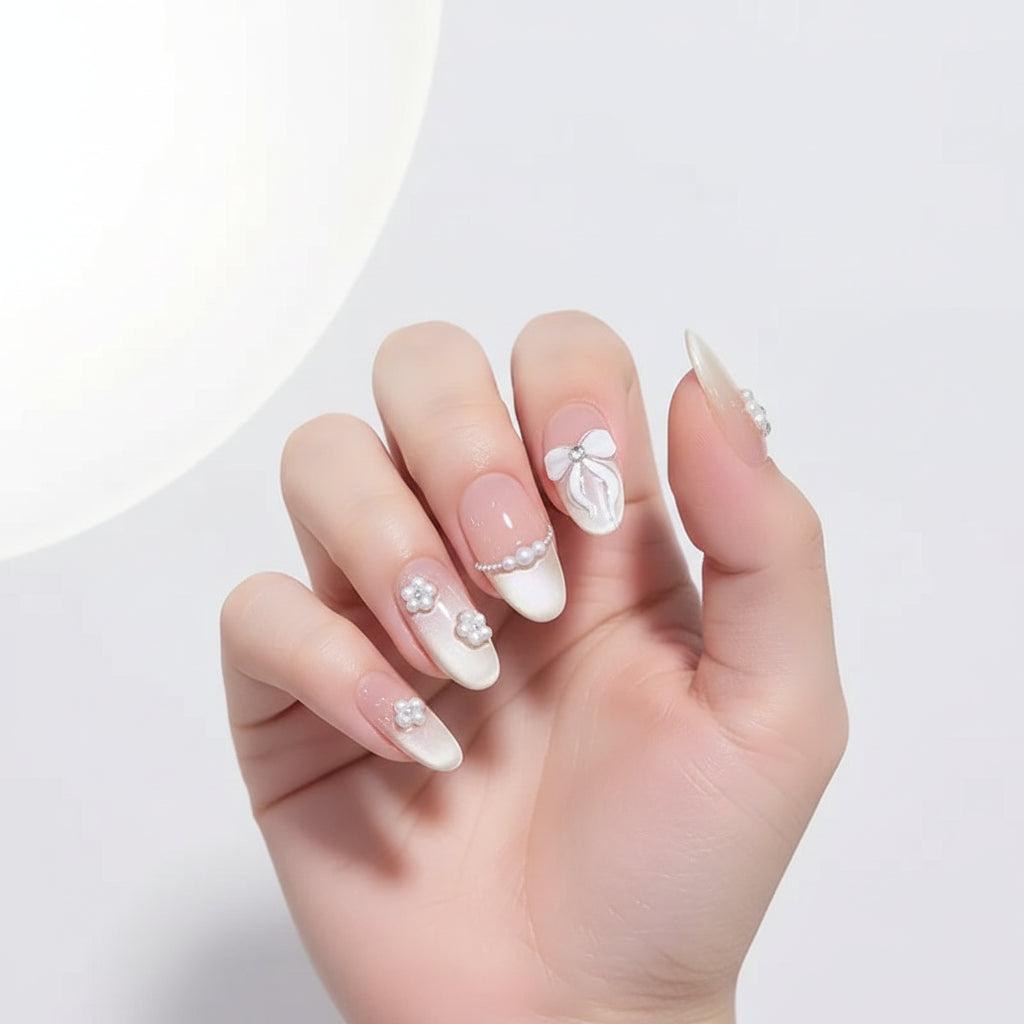 Handmade Almond Press-On Nails with Butterfly, Pearl & Diamond – 24PCS