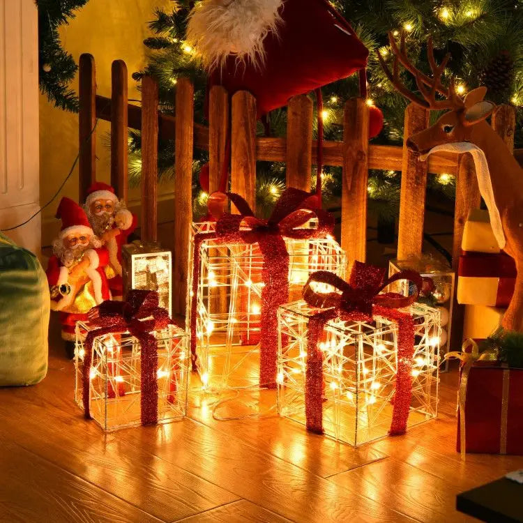 Set of 3 Lighted Christmas Gift Boxes 60 LED Decorations for Indoor and Outdoor Use-2